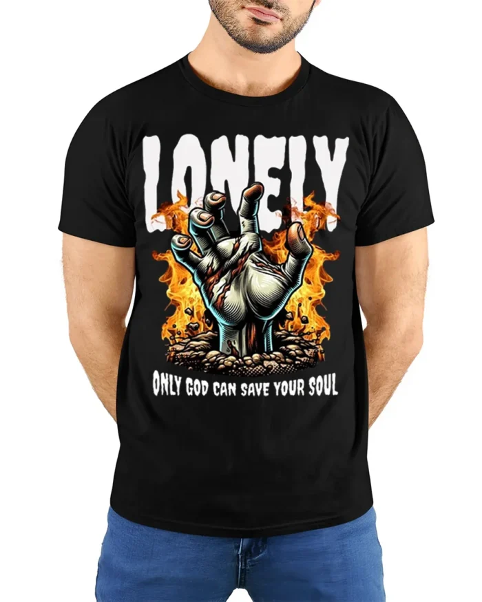 Lonely God Save Your Soul T-Shirt Gothic Flame Art - model wearing black shirt, hands behind back