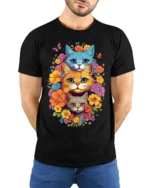 Colorful Floral Cat Trio T-Shirt Soft Cotton Tee - model wearing black shirt, hands behind back