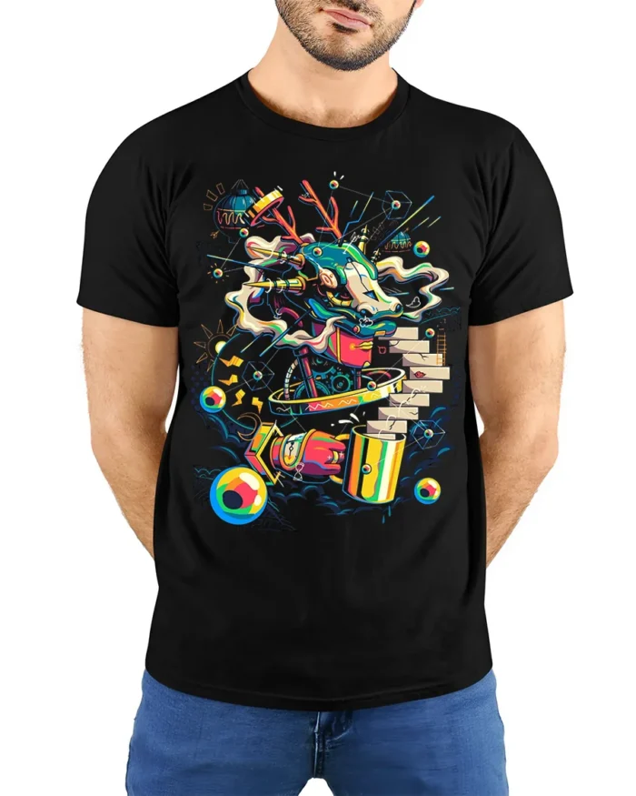 Cyber Dragon Graffiti T-Shirt Futuristic Street Art - model wearing black shirt, hands behind back