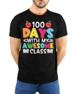 100 Days With My Awesome Class Teacher T-Shirt - model wearing black shirt, hands behind back
