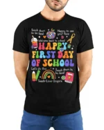 Happy First Day of School Rainbow T-Shirt Gift - model wearing black shirt, hands behind back