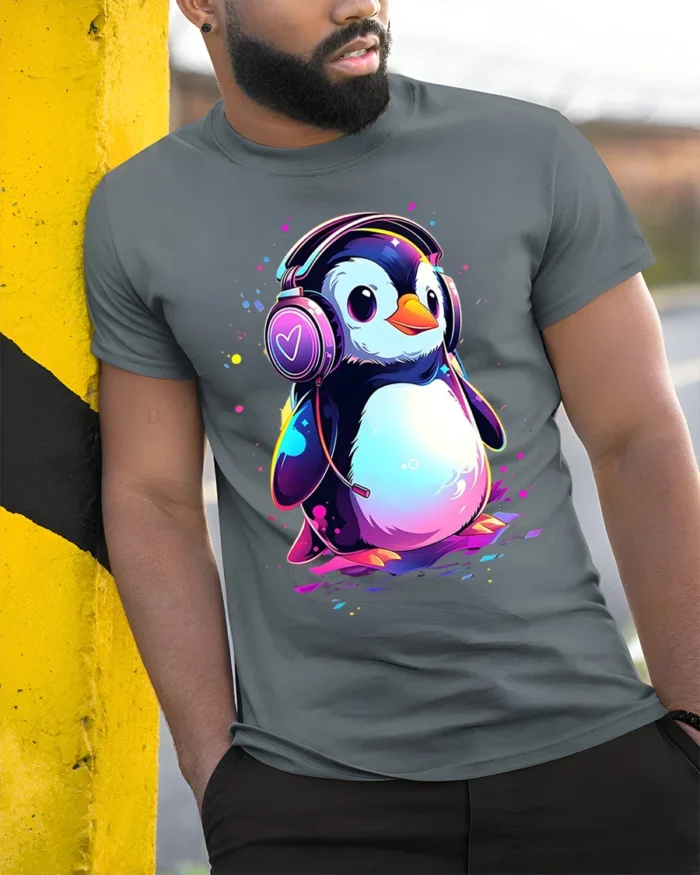 Cute Penguin Headphones Music Lover T-shirt - model in grey shirt leaning against column