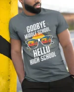 Goodbye Middle School Hello High School T-Shirt - model in grey shirt leaning against column