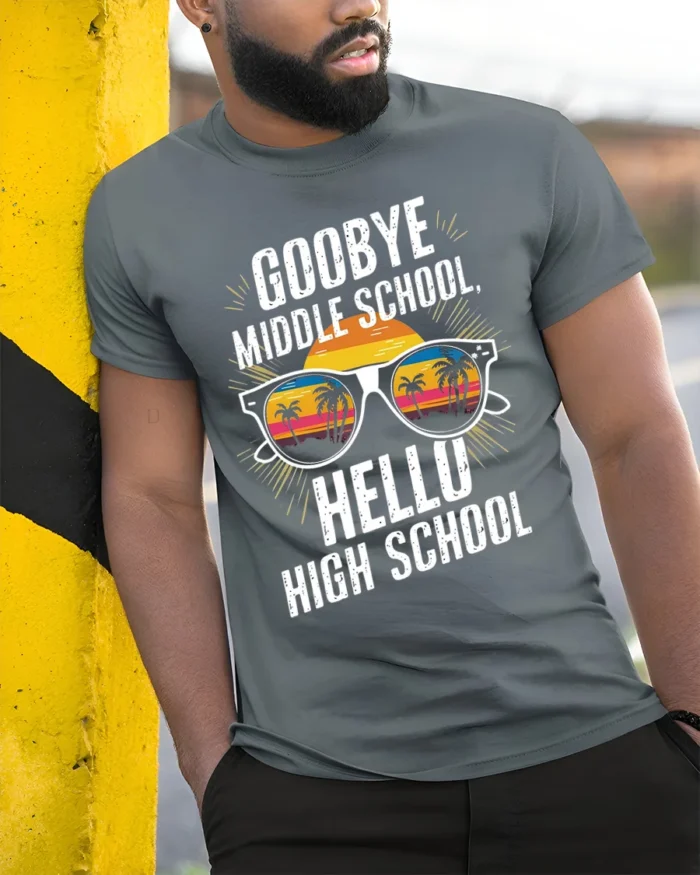 Goodbye Middle School Hello High School T-Shirt - model in grey shirt leaning against column