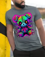 Neon Patchwork Bear T-Shirt for Streetwear Fans - model in grey shirt leaning against column