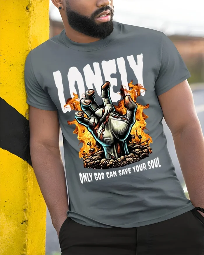 Lonely God Save Your Soul T-Shirt Gothic Flame Art - model in grey shirt leaning against column