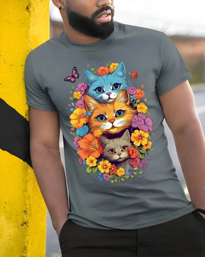 Colorful Floral Cat Trio T-Shirt Soft Cotton Tee - model in grey shirt leaning against column