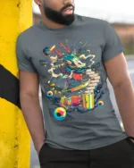 Cyber Dragon Graffiti T-Shirt Futuristic Street Art - model in grey shirt leaning against column