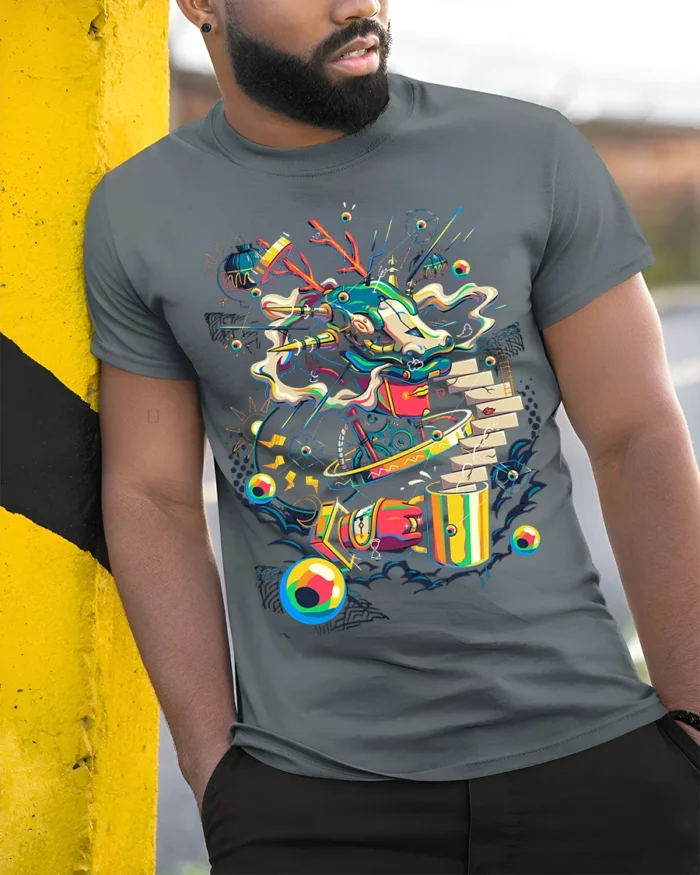 Cyber Dragon Graffiti T-Shirt Futuristic Street Art - model in grey shirt leaning against column