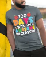 100 Days With My Awesome Class Teacher T-Shirt - model in grey shirt leaning against column