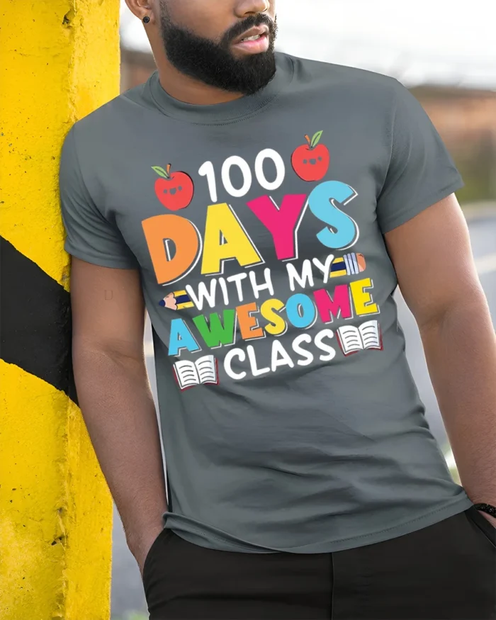 100 Days With My Awesome Class Teacher T-Shirt - model in grey shirt leaning against column