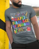 Happy First Day of School Rainbow T-Shirt Gift - model in grey shirt leaning against column