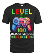 Level 100 Days of School Unlocked Gamer T-Shirt - black t-shirt on white background