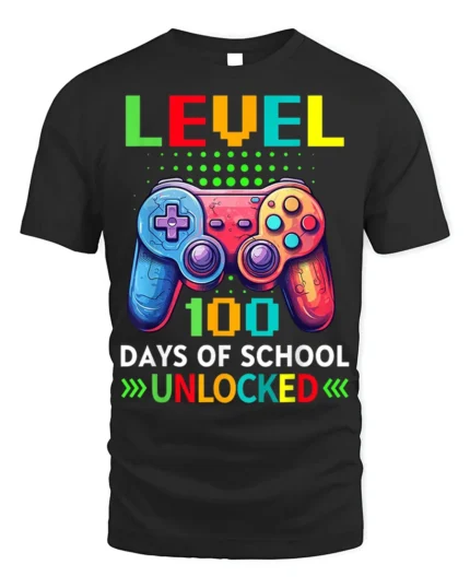 Level 100 Days of School Unlocked Gamer T-Shirt - black t-shirt on white background