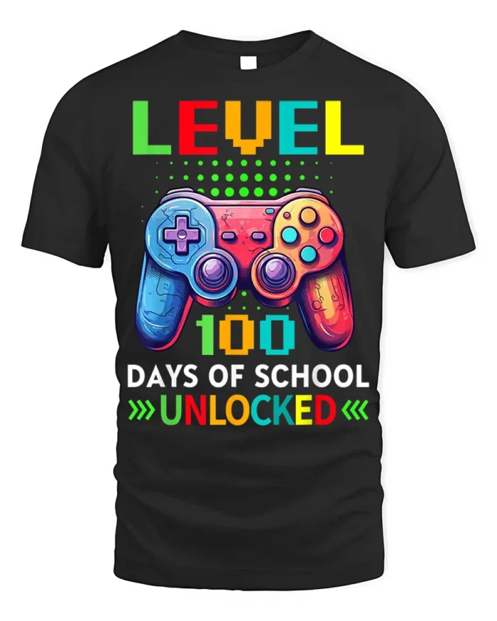 Level 100 Days of School Unlocked Gamer T-Shirt - black t-shirt on white background