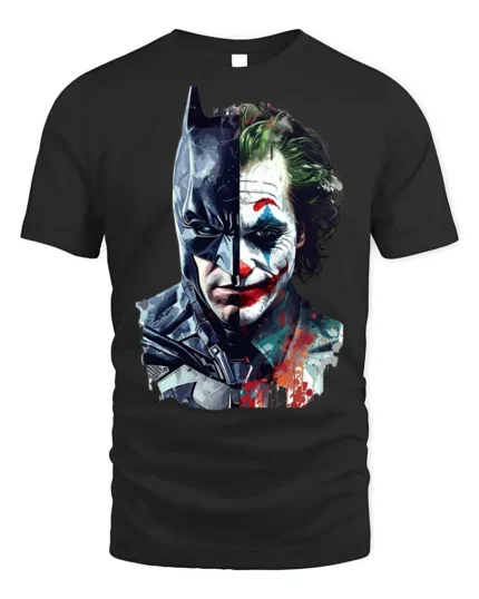 Dark Knight vs Clown Villain Split Face T-Shirt - black t-shirt on white background