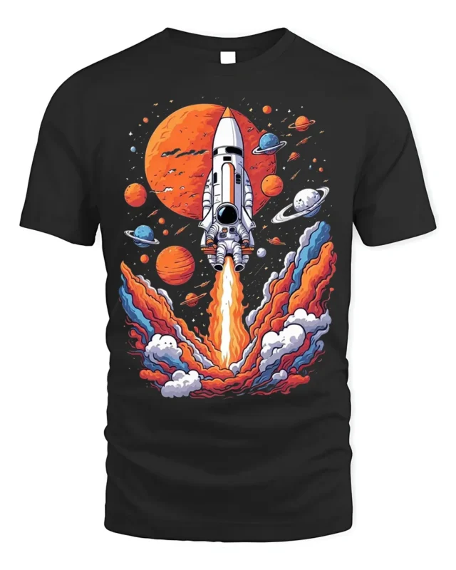 Retro Rocket Launch Space Planets Graphic T-Shirt - black t-shirt on white background