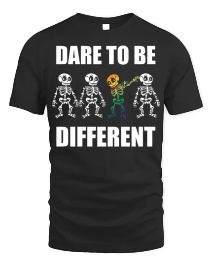 Dare to Be Different Skeleton Rainbow T-Shirt - black t-shirt on white background