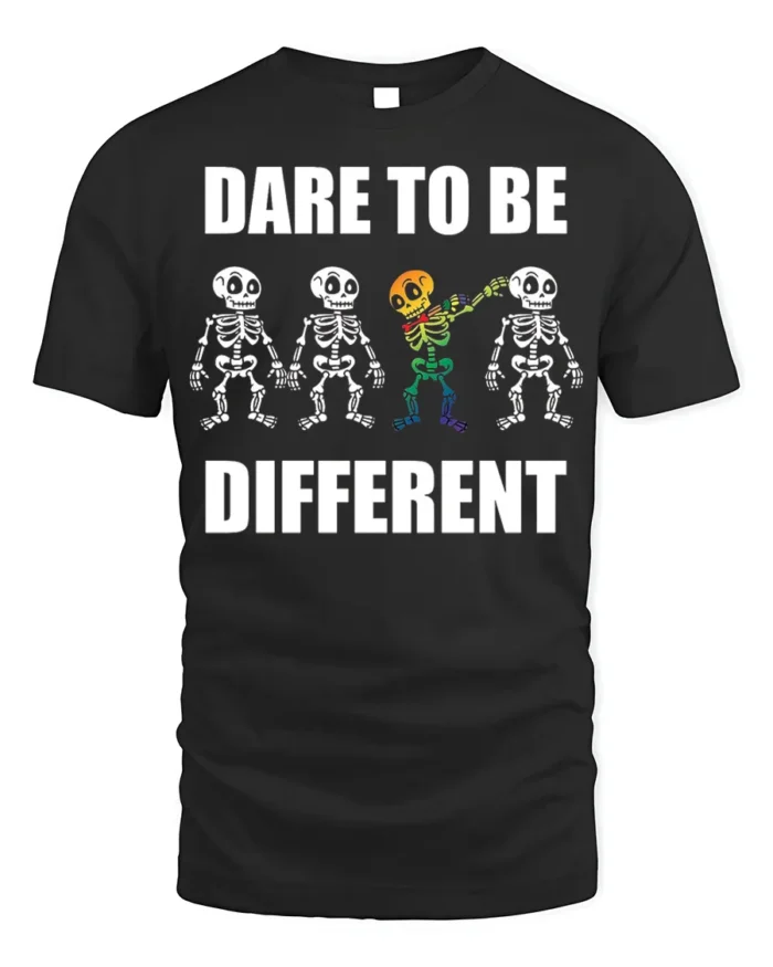 Dare to Be Different Skeleton Rainbow T-Shirt - black t-shirt on white background