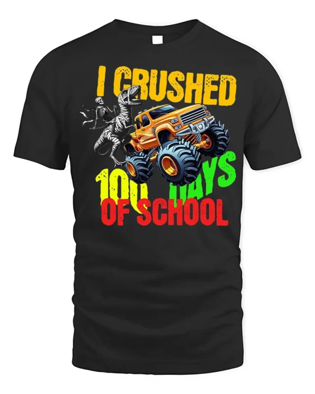 I Crushed 100 Days of School Monster Truck T-Shirt - black t-shirt on white background