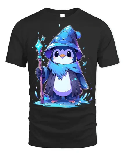Wizard Penguin Magic Ice Staff Cute T-Shirt - black t-shirt on white background