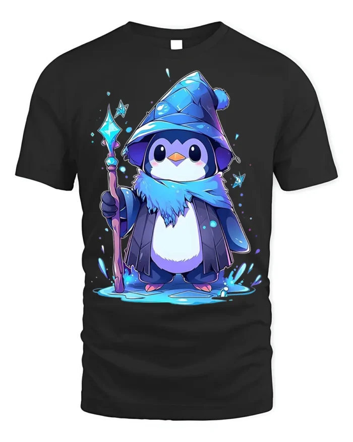 Wizard Penguin Magic Ice Staff Cute T-Shirt - black t-shirt on white background