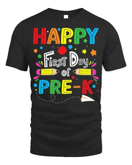 Happy First Day of Pre-K T-Shirt Colorful Tee - black t-shirt on white background