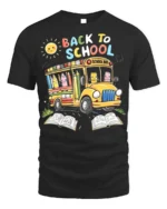 Cute Back to School T-Shirt with Bus and Pencils - black t-shirt on white background