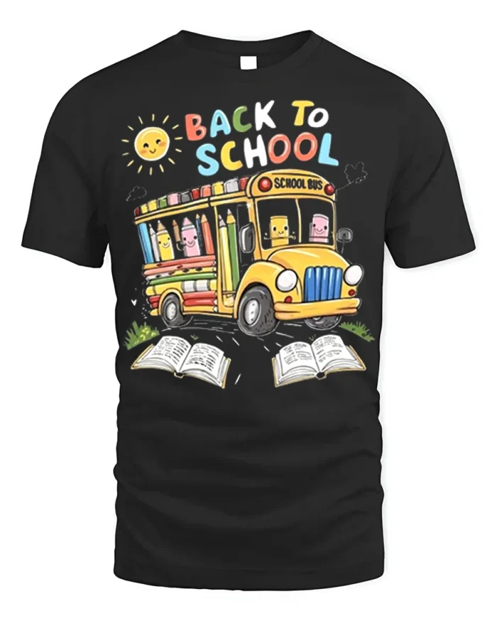 Cute Back to School T-Shirt with Bus and Pencils - black t-shirt on white background