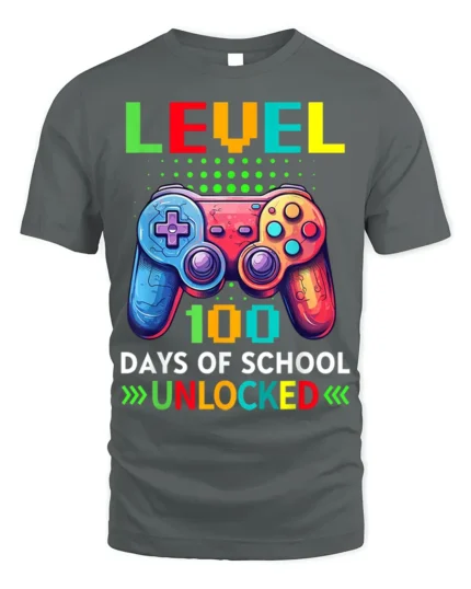 Level 100 Days of School Unlocked Gamer T-Shirt - gray t-shirt on white background