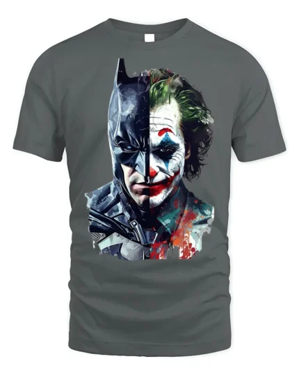 Dark Knight vs Clown Villain Split Face T-Shirt - gray t-shirt on white background
