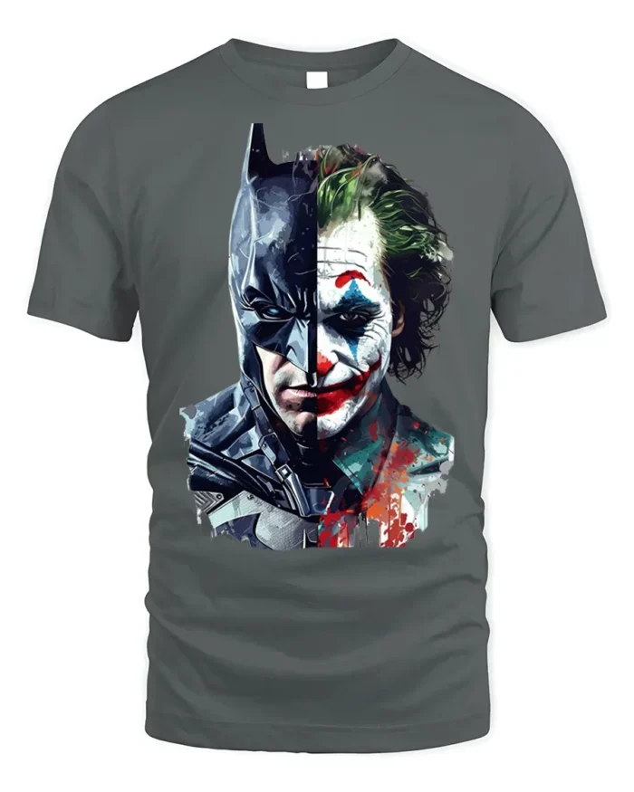Dark Knight vs Clown Villain Split Face T-Shirt - gray t-shirt on white background