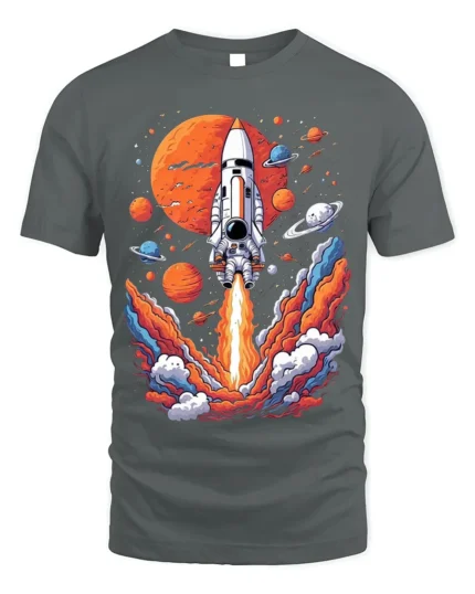 Retro Rocket Launch Space Planets Graphic T-Shirt - gray t-shirt on white background