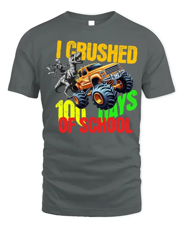 I Crushed 100 Days of School Monster Truck T-Shirt - gray t-shirt on white background