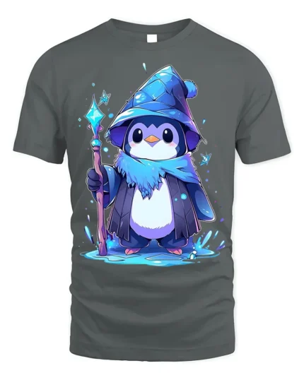 Wizard Penguin Magic Ice Staff Cute T-Shirt - gray t-shirt on white background