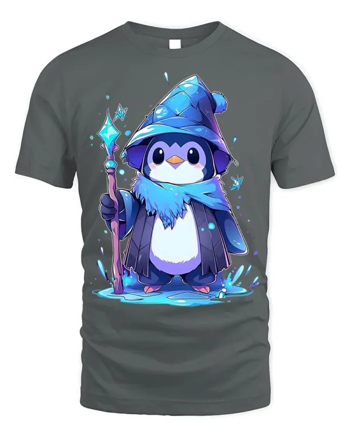 Wizard Penguin Magic Ice Staff Cute T-Shirt - gray t-shirt on white background