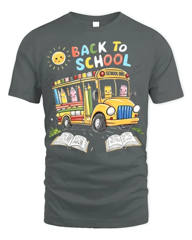 Cute Back to School T-Shirt with Bus and Pencils - gray t-shirt on white background