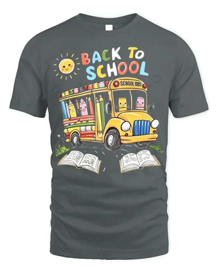 Cute Back to School T-Shirt with Bus and Pencils - gray t-shirt on white background