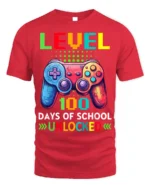 Level 100 Days of School Unlocked Gamer T-Shirt - red t-shirt on white background
