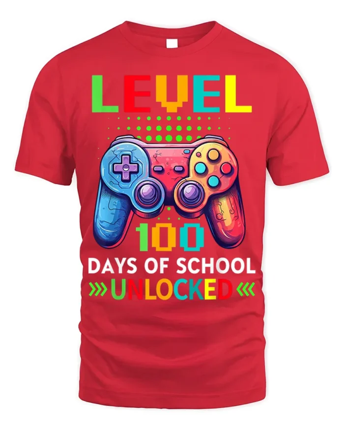 Level 100 Days of School Unlocked Gamer T-Shirt - red t-shirt on white background