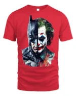 Dark Knight vs Clown Villain Split Face T-Shirt - red t-shirt on white background
