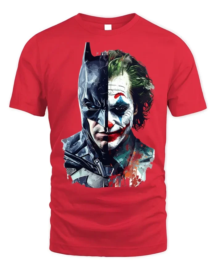 Dark Knight vs Clown Villain Split Face T-Shirt - red t-shirt on white background