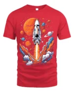 Retro Rocket Launch Space Planets Graphic T-Shirt - red t-shirt on white background
