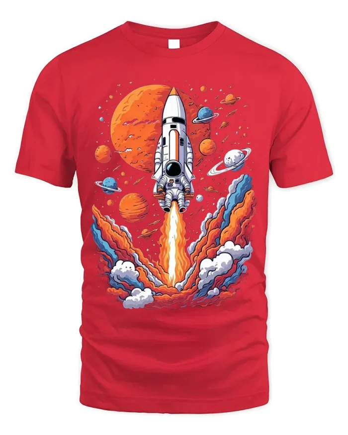 Retro Rocket Launch Space Planets Graphic T-Shirt - red t-shirt on white background