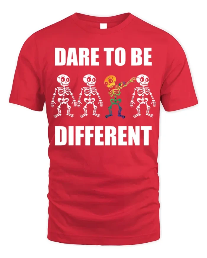 Dare to Be Different Skeleton Rainbow T-Shirt - red t-shirt on white background