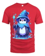Wizard Penguin Magic Ice Staff Cute T-Shirt - red t-shirt on white background