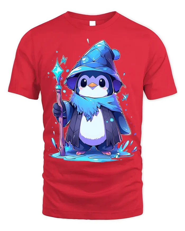 Wizard Penguin Magic Ice Staff Cute T-Shirt - red t-shirt on white background