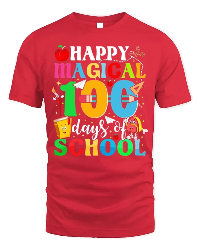 Happy Magical 100 Days of School T-Shirt Tee - red t-shirt on white background