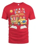 Cute Back to School T-Shirt with Bus and Pencils - red t-shirt on white background