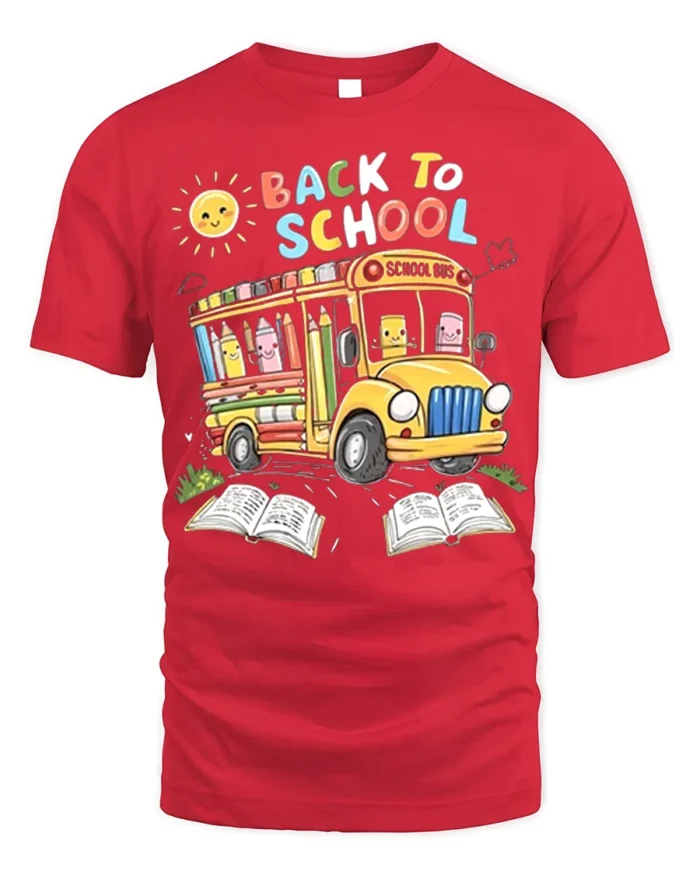 Cute Back to School T-Shirt with Bus and Pencils - red t-shirt on white background